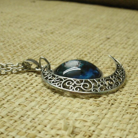 Crescent Moon with Galaxy Cabochon Dangle Necklace - Picture 5 of 13